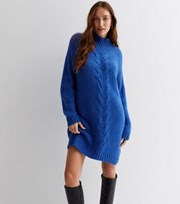JDY Bright Blue Cable Knit High Neck Long Sleeve Mini Dress